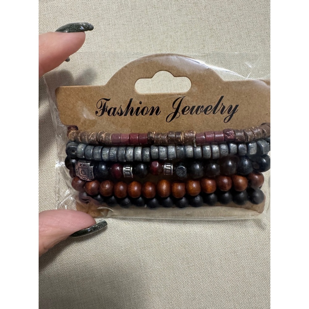 Mens Beaded Bracelet Set Stackable Boho Wooden Style 5 Piece